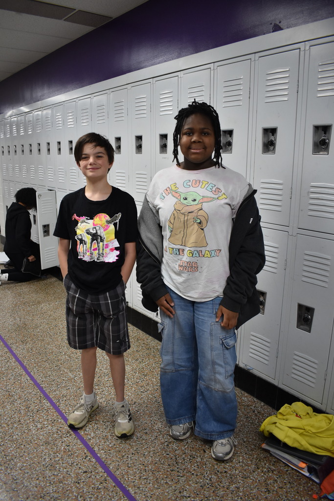 Two students wearing a their star wars tshirts!