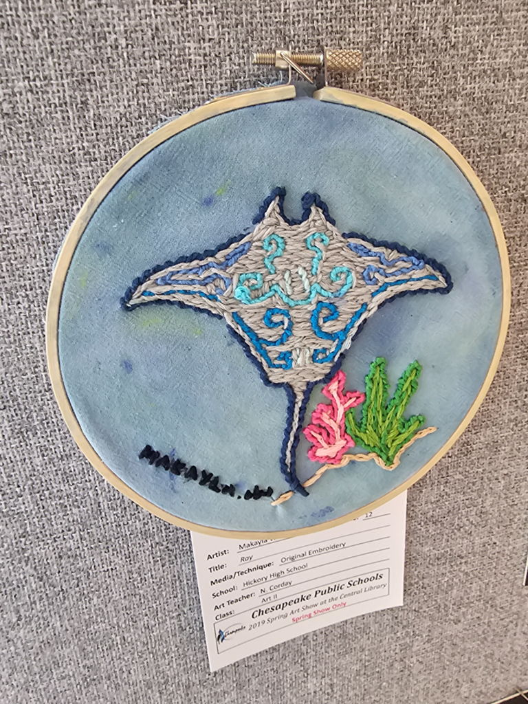 Secondary art show is on display at TCC Chesapeake with an example of embroidery