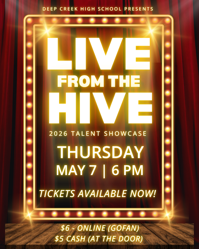 A promotional flyer with red stage curtains and a lit-up marquee frame. Large white and gold text reads: "LIVE FROM THE HIVE: 2026 Talent Showcase." Below it, it lists the date: Thursday, May 7 at 6 PM. Ticket prices are noted at the bottom: $6 online or $5 cash at the door.