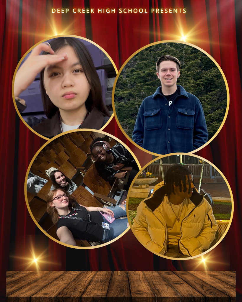 A collage of four circular photos featuring Deep Creek students.  Top Left: A student posing with a hand to her forehead.  Top Right: A smiling male student in a blue flannel jacket outdoors.  Bottom Left: Three female students smiling together in theater seating.  Bottom Right: A male student in a yellow puffer jacket looking to the side.