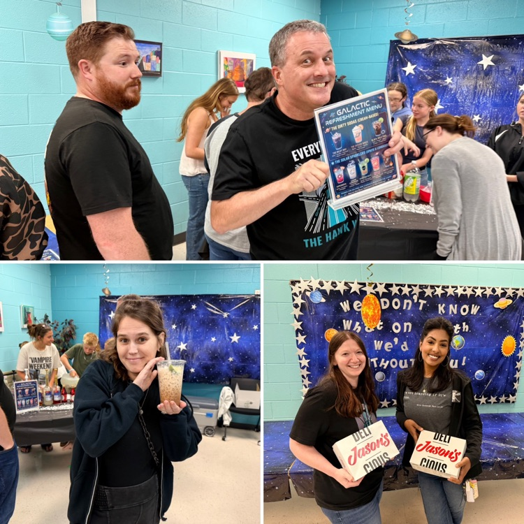 teachers enjoying drinks made by student leaders and Jason’s deli boxes from PTSA 