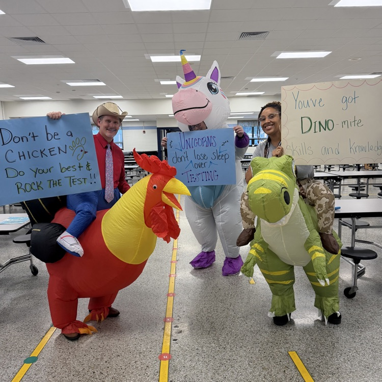 unicorn, dinosaur, and chicken blow costume with signs about the SOLs. 