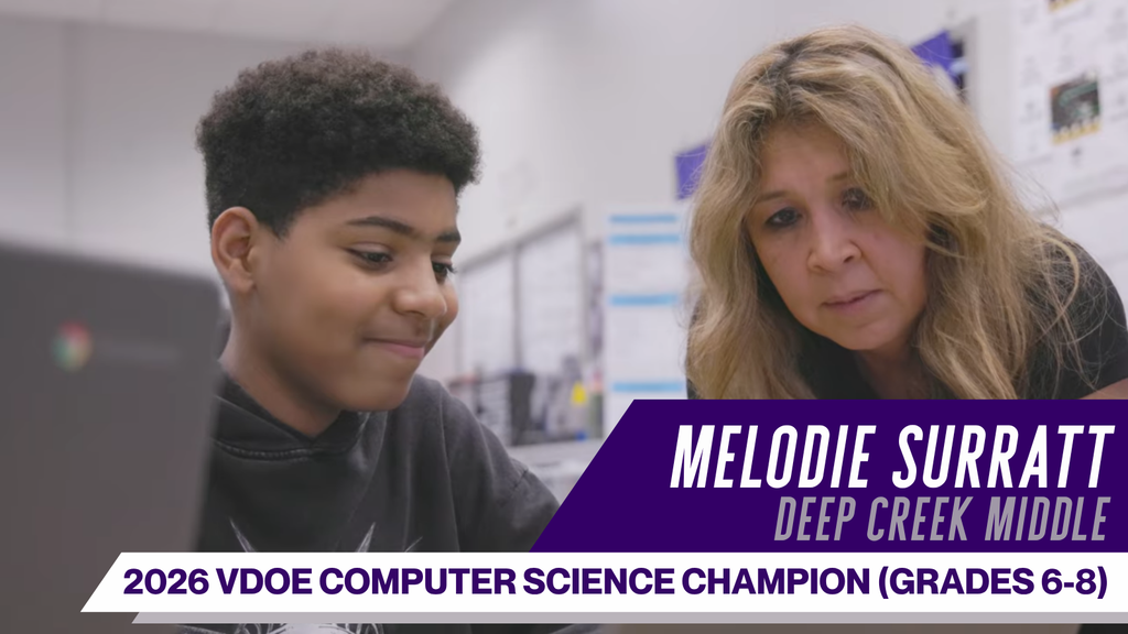 Melodie Surratt Deep Creek Middle 2026 VDPE Computer Science Champion Grades 6-8. Picture of Melodie and student working together by a laptop.