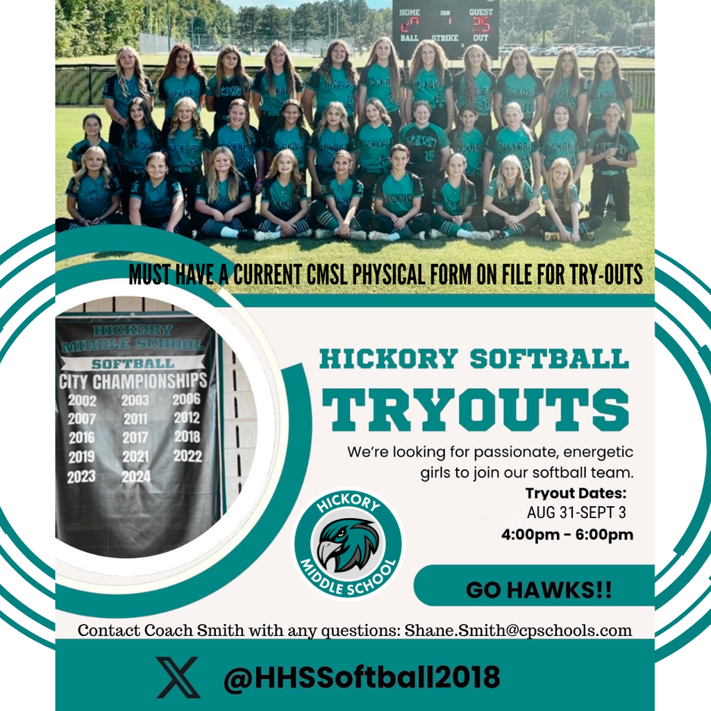 Decorative image of a softball team and banner to announce softball try-out information