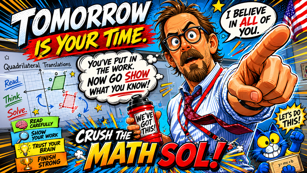 A decorative image of one of our Math teachers encouraging our students on their Math SOL tomorrow