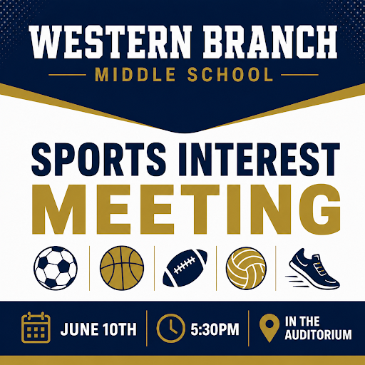 An athletic promotional graphic for Western Branch Middle School. The top features a navy blue block with the school name in bold white and gold text. Below, on a white background, large navy and gold letters read Sports Interest Meeting. A row of five sports icons displays a soccer ball, basketball, football, volleyball, and running shoe. The bottom of the graphic has a navy blue banner with gold icons indicating the event details: June 10th, 5:30 PM, In the Auditorium. The overall design is professional, clean, and filled with school pride.