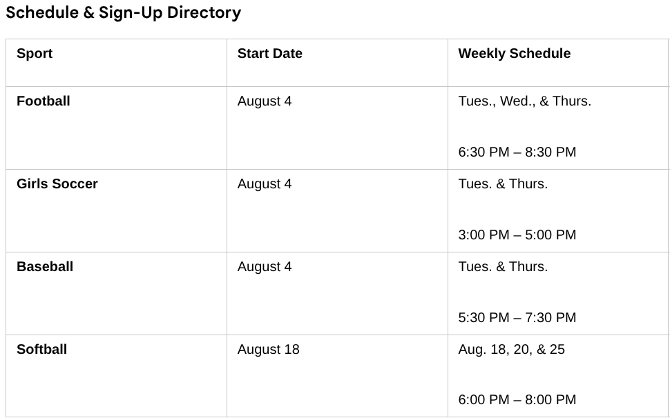schedule for summer sports conditioning 