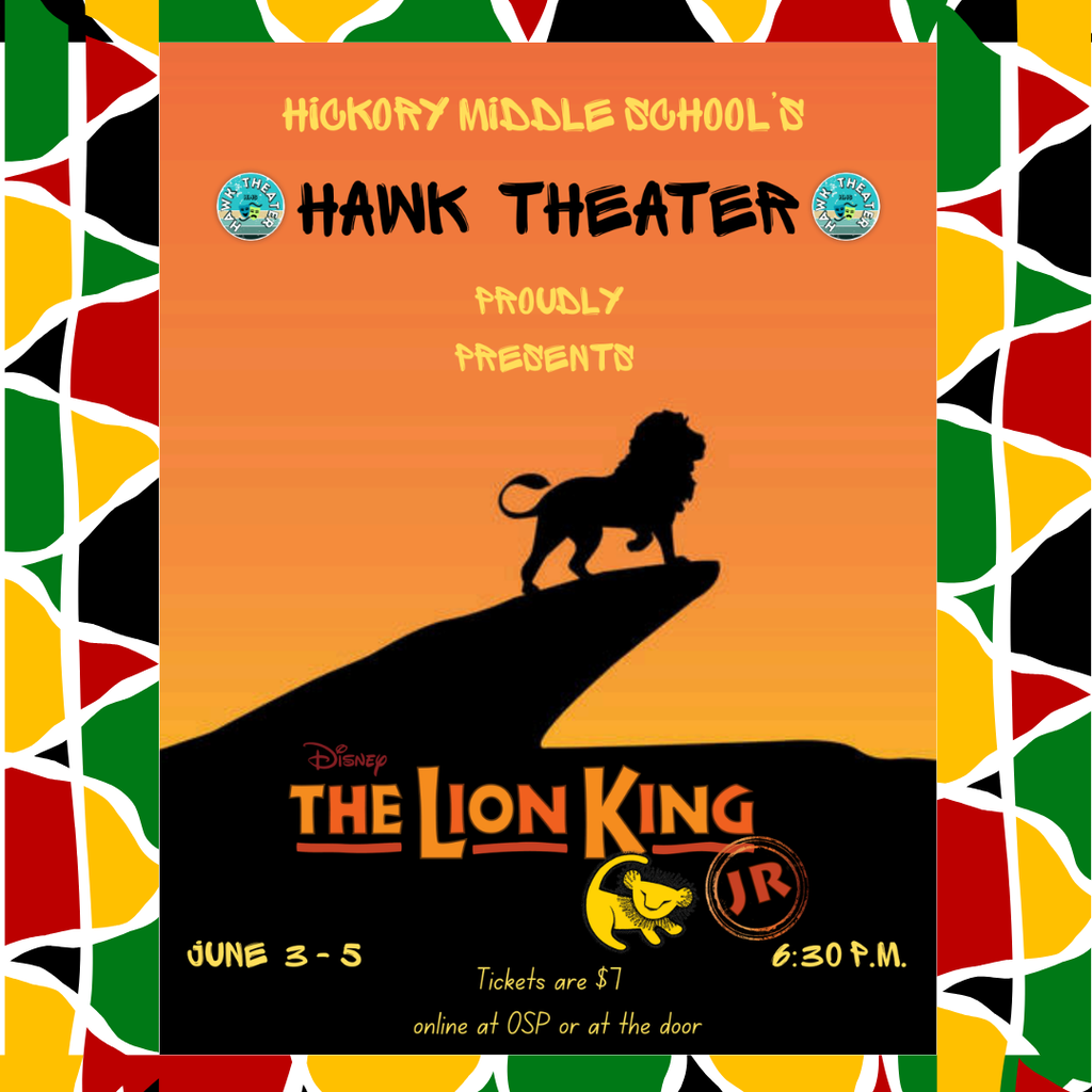 Decorative images announcing our Hawk Theatre production of Lion King Jr.