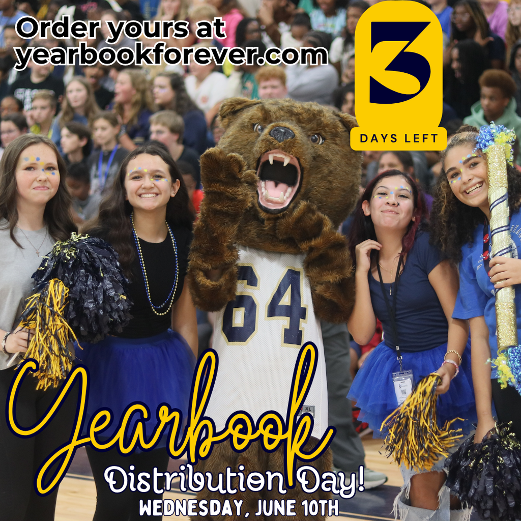 Four enthusiastic students pose with the Western Branch Middle School bear mascot in a crowded gym, holding navy and gold pom-poms and wearing blue tutus with spirit paint on their faces. The graphic features a large yellow number 3 and text reading "3 Days Left until Yearbook Distribution Day! Wednesday, June 10th," along with "Order yours at yearbookforever.com." The overall vibe is highly energetic, spirited, and celebratory.