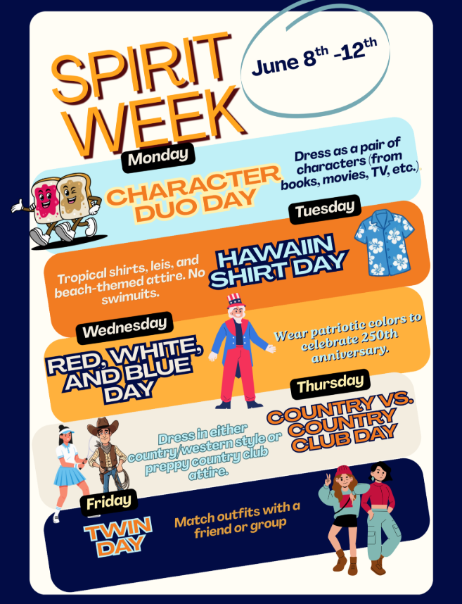 Spirit Week flyer, June 8-12: Character Duo, Hawaiian, Red White Blue, Country vs Country Club, and Twin Day.