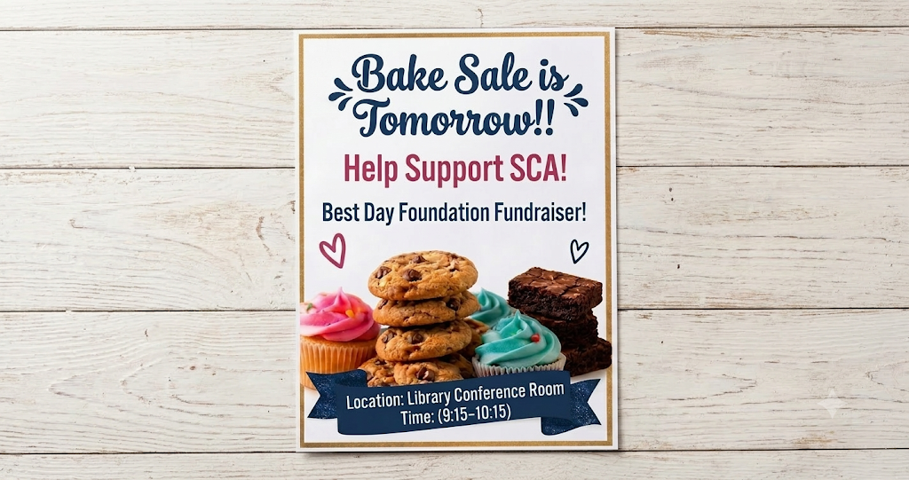 Decorative image to announce the SCA Bake Sale happening tomorrow in the Library Conference Room