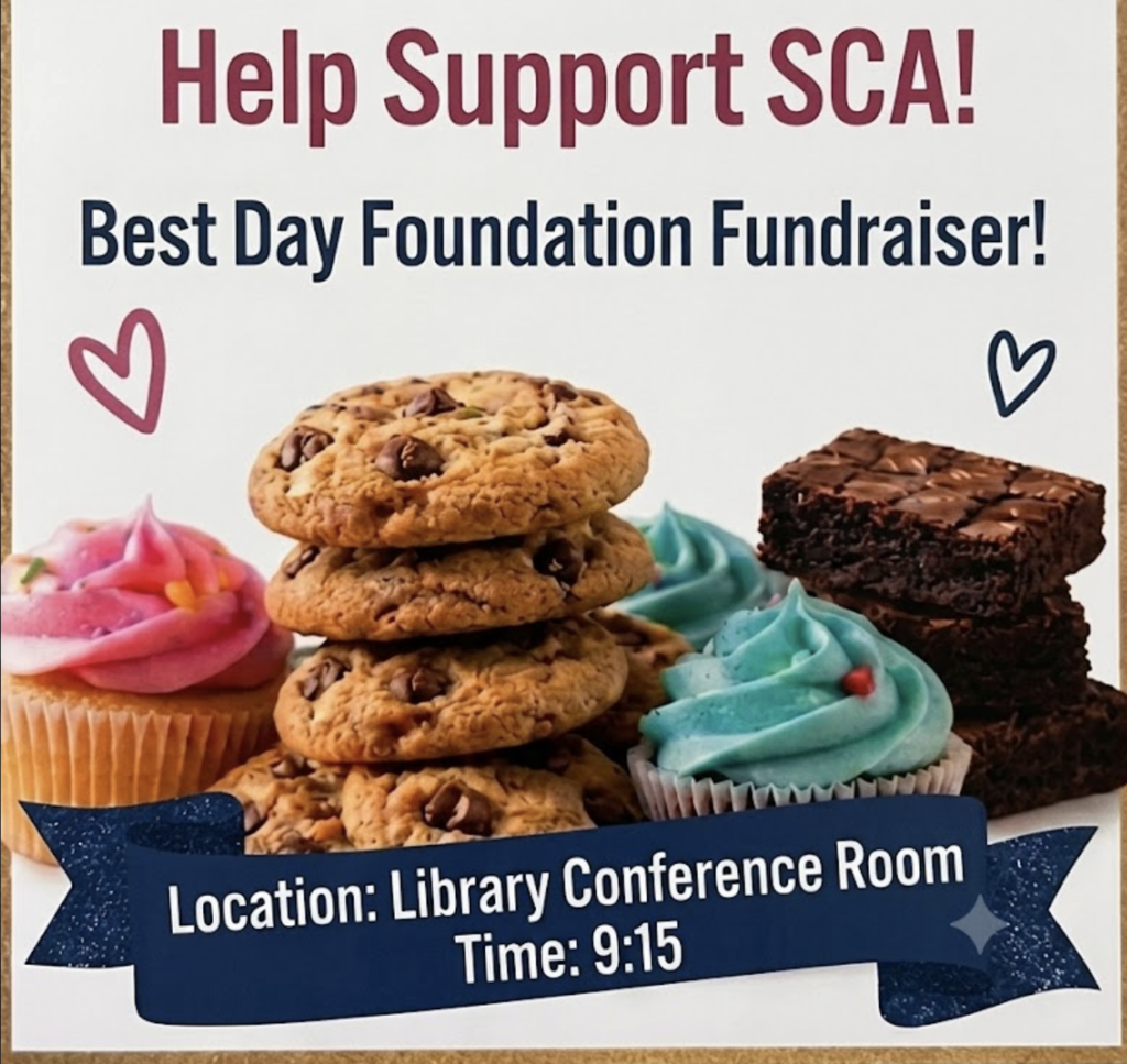 decorative image to announce the Bake It Happen Bake Sale benefitting the Best Day Foundation