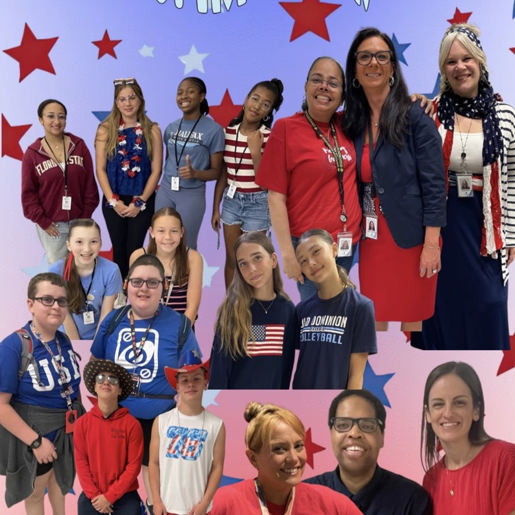 staff and student smiling wearing patriotic clothing