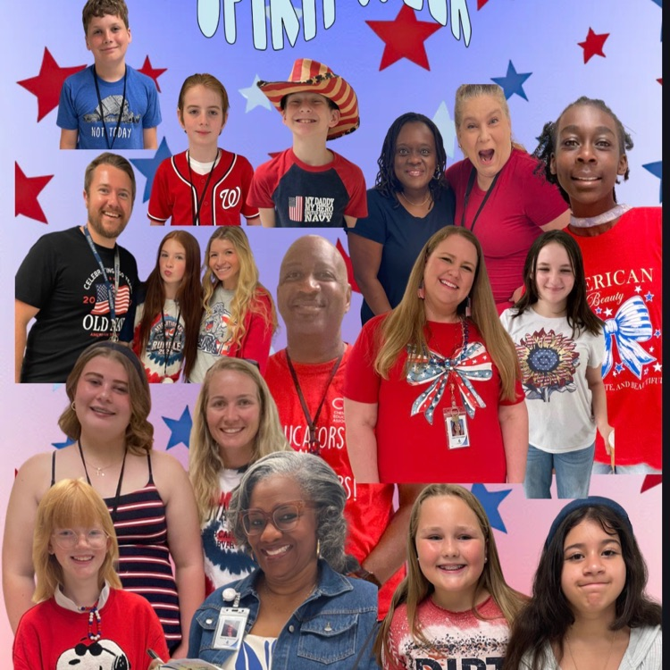 staff and students smiling wearing patriotic clothing