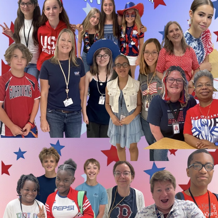 staff and students smiling wearing patriotic clothing