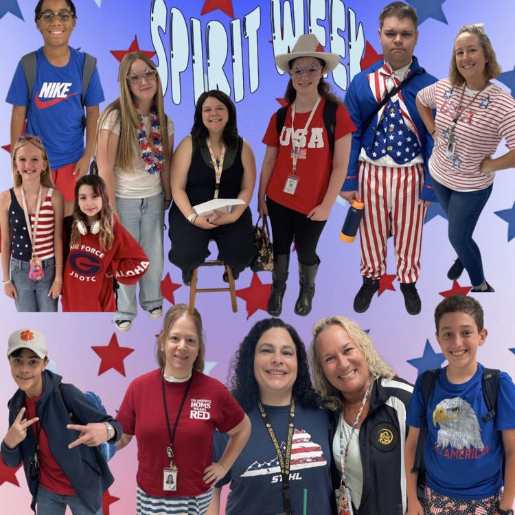 staff and students smiling wearing patriotic clothing
