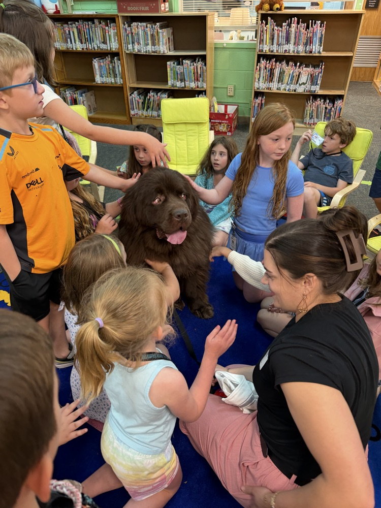 kids petting Newfoundland dog at Reading party