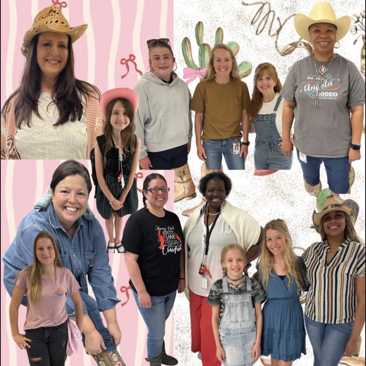staff and students wearing western wear and preppy clothes smiling at camera for spirit week