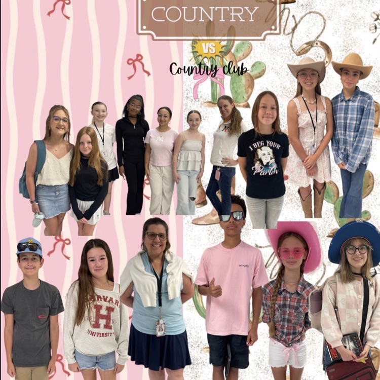 Staff and students smiling wearing western wear and preppy clothes for spirit week