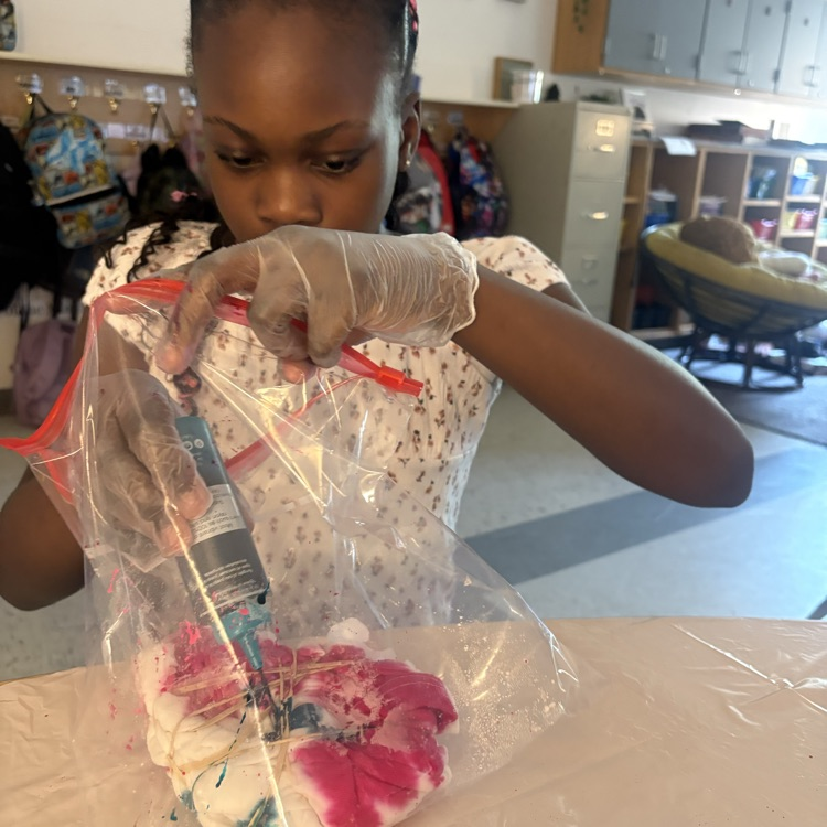 Student focused on tie dying their own shirt using rubber bands and a bag with different colors.