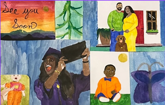 colorful painting by a student showing different people and the words see  you soon 