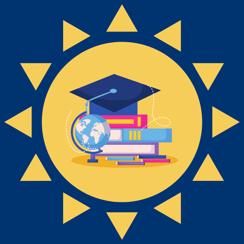 a sun with books and a graduation cap in front of it