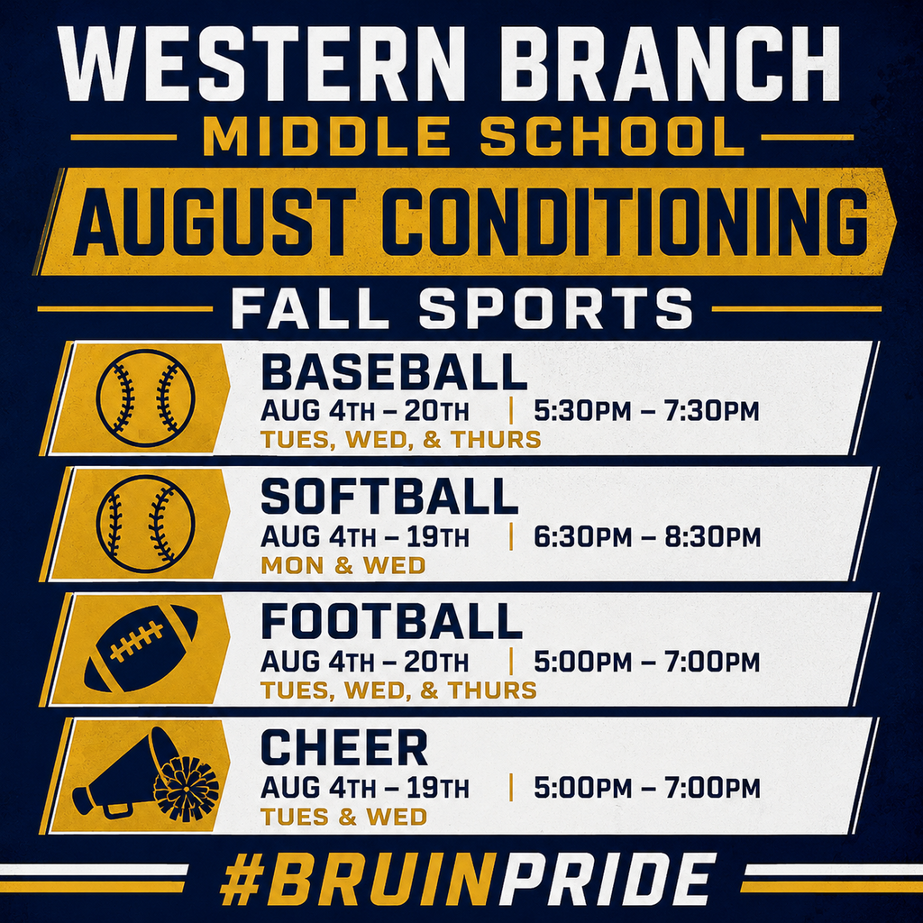 An energetic Navy and Gold graphic for Western Branch Middle School advertising "August Conditioning" for "Fall Sports." The top of the image features the school name in bold white text against a dark navy blue background, with the event title highlighted on a textured gold banner.  Four distinct rows breakdown the schedules, each accompanied by a gold icon representing the sport:  Baseball: Aug 4th – 20th | 5:30PM – 7:30PM | Tues, Wed, & Thurs  Softball: Aug 4th – 19th | 6:30PM – 8:30PM | Mon & Wed  Football: Aug 4th – 20th | 5:00PM – 7:00PM | Tues, Wed, & Thurs  Cheer: Aug 4th – 19th | 5:00PM – 7:00PM | Tues, Wed  The bottom of the graphic is framed by gold stripes and the hashtag #BRUINPRIDE in large white and gold text, projecting a strong sense of school spirit and community readiness.