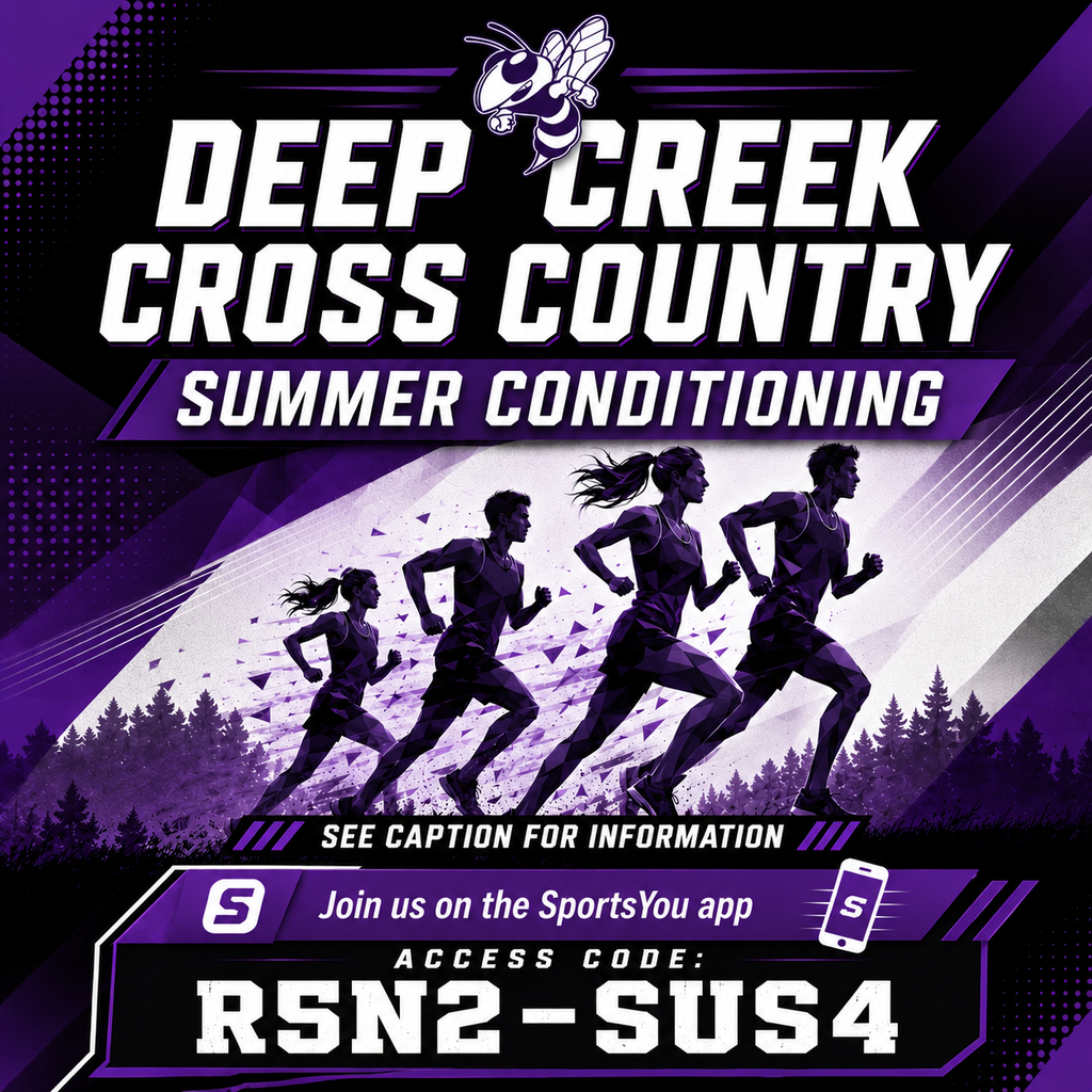 Deep Creek Cross Country Summer Conditioning flyer featuring a hornet mascot and runners. Text reads: Join us on the SportsYou app. Access Code: RSN2-SUS4. See caption for information.