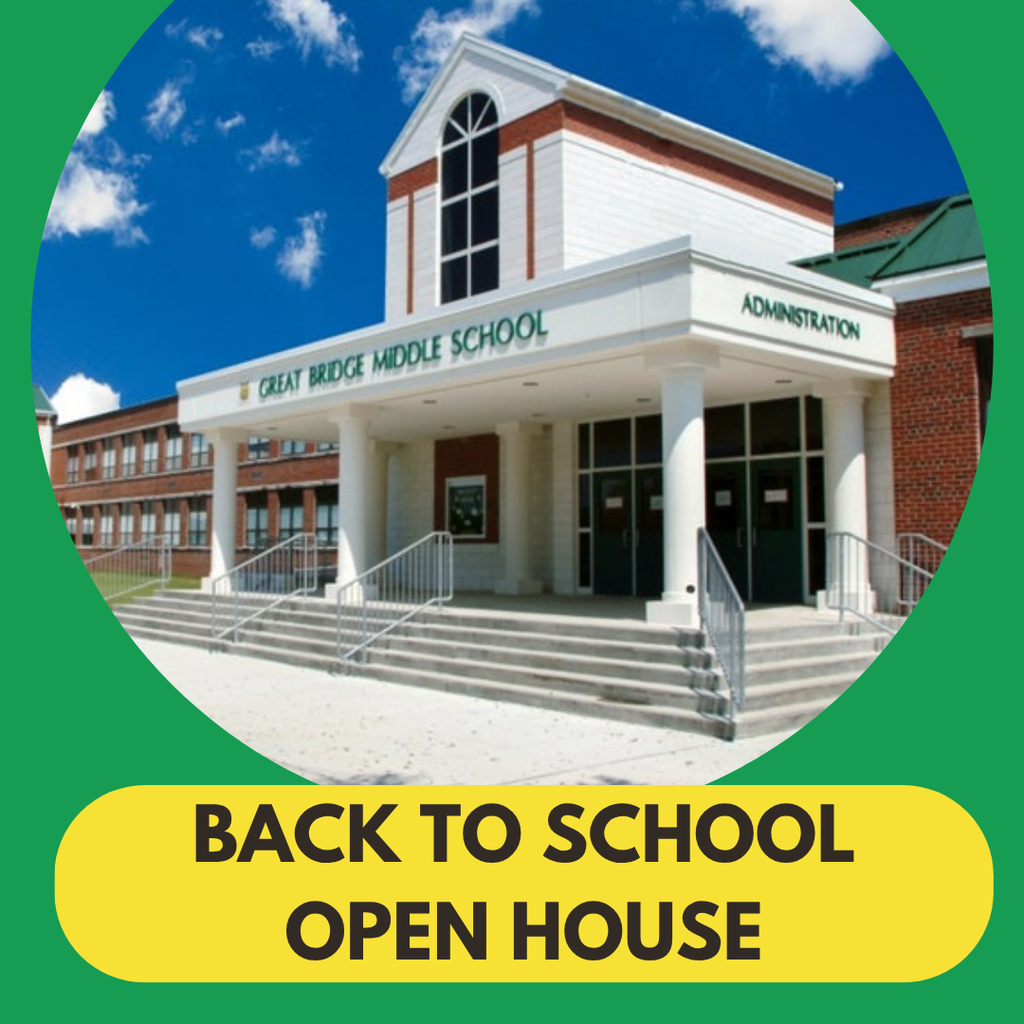 Back to School Open House graphic including an image of the entrance to the middle school building.