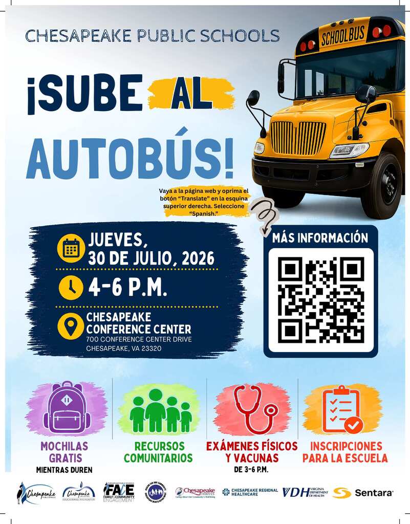 Sube al autobus  jueves 30 de Julio, 2026 4-6 pm Chesapeake Conference Center  