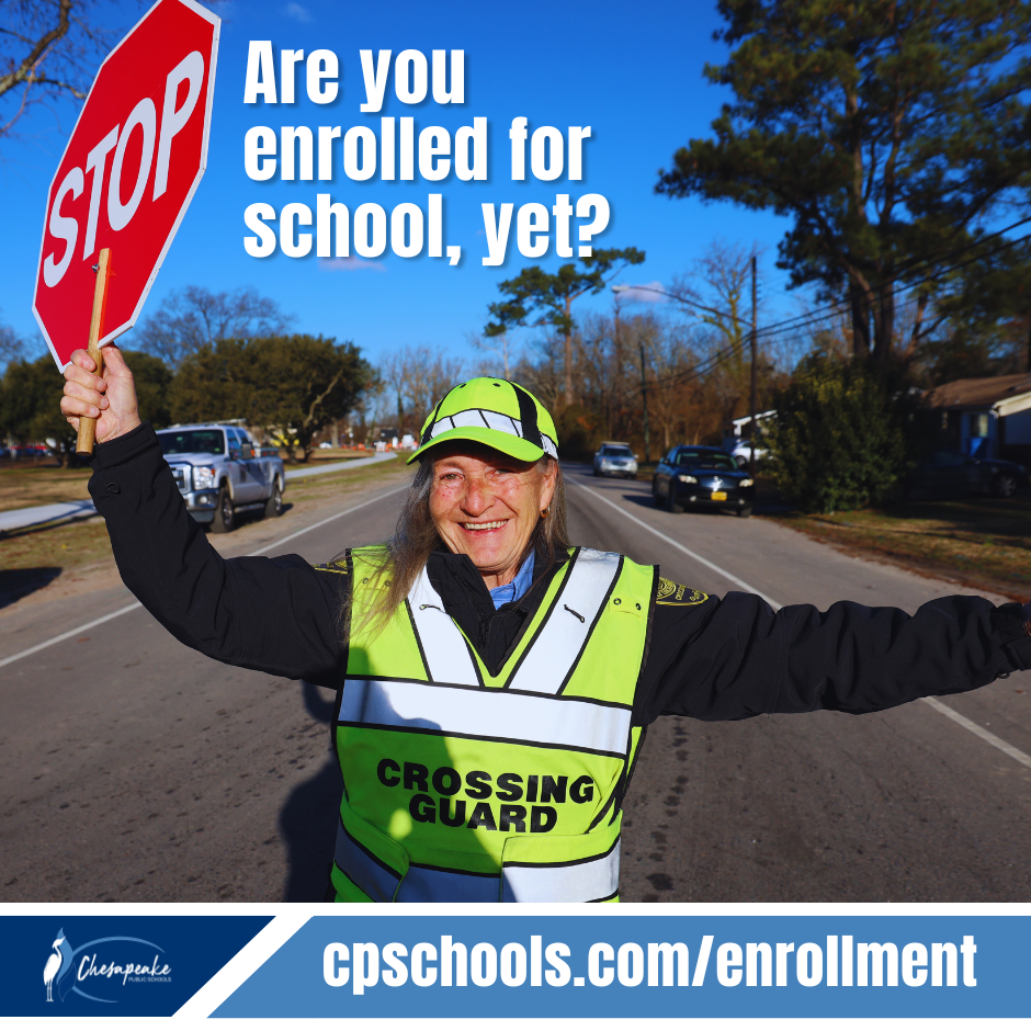 Smiling crossing guard ready for school. Text states: are you enrolled for school, yet? 