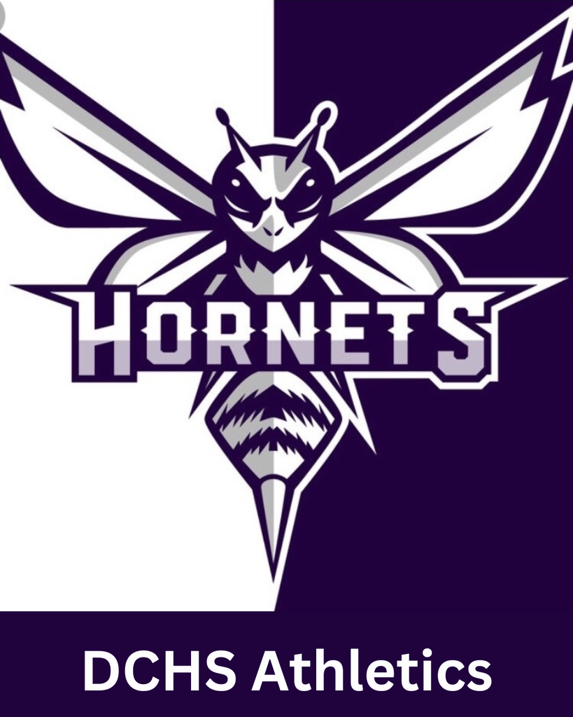DCHS Athletics logo featuring a purple and white stylized hornet mascot with the word HORNETS across the center, above the text DCHS Athletics.