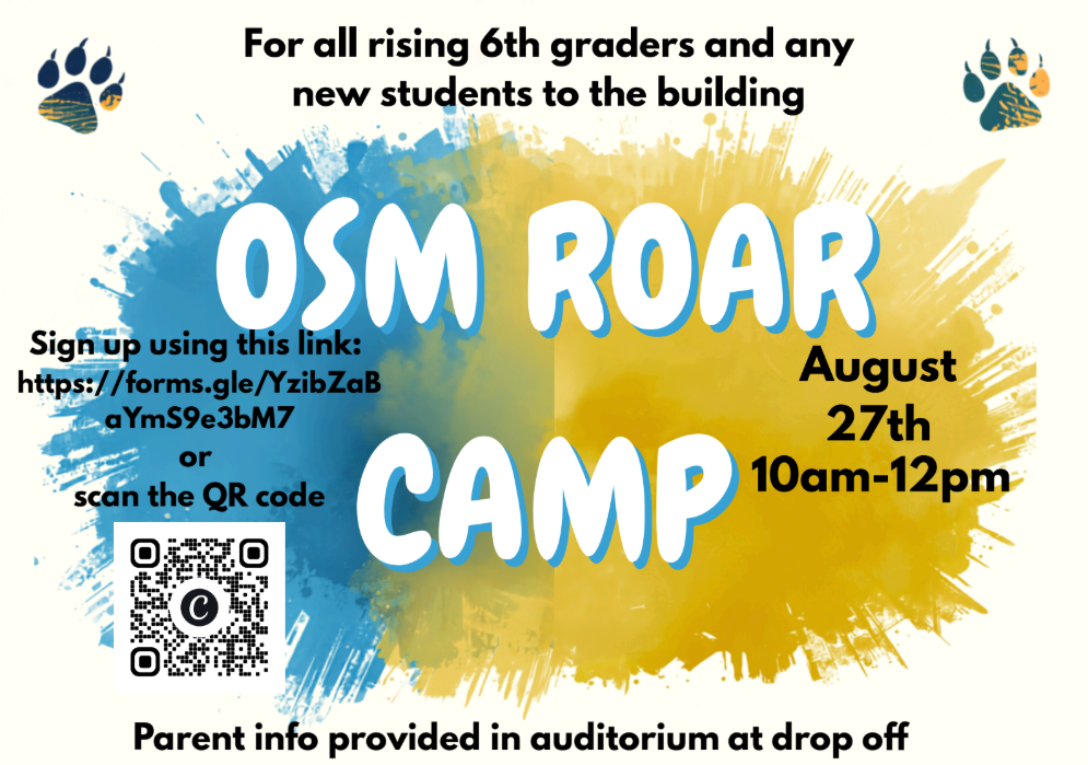For all rising 6th graders and any new students to the building Parent info provided in auditorium at drop off August 27th 10 am - 12 pm
