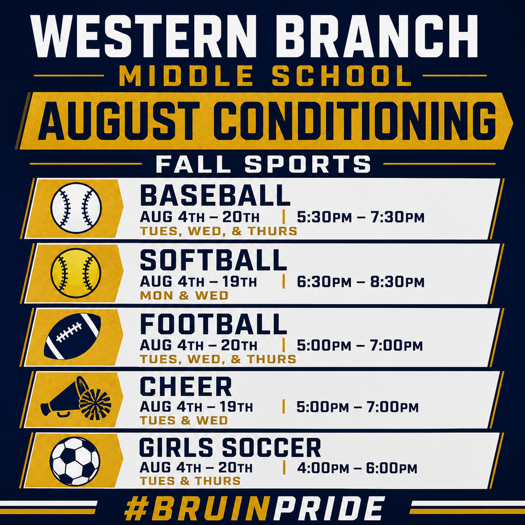 An energetic navy blue and gold graphic for Western Branch Middle School advertising August Conditioning for Fall Sports. The top displays the school name and event title in bold lettering.  The center lists five sports with their schedules and sports icons:  Baseball: Aug 4th – 20th | 5:30PM – 7:30PM | Tues, Wed, & Thurs  Softball: Aug 4th – 19th | 6:30PM – 8:30PM | Mon & Wed  Football: Aug 4th – 20th | 5:00PM – 7:00PM | Tues, Wed, & Thurs  Cheer: Aug 4th – 19th | 5:00PM – 7:00PM | Tues & Wed  Girls Soccer: Aug 4th – 20th | 4:00PM – 6:00PM | Tues & Thurs  The bottom features the hashtag #BRUINPRIDE between gold athletic stripes, conveying a proud and spirited team atmosphere.