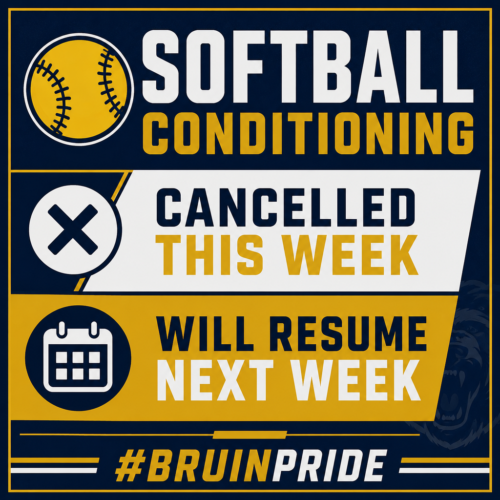 Graphic featuring Western Branch Middle School colors, navy blue and gold. At the top, a yellow softball icon sits next to text reading "SOFTBALL CONDITIONING". Below, an icon with a large "X" is next to the text "CANCELLED THIS WEEK" on a white background. Below that, a calendar icon accompanies the text "WILL RESUME NEXT WEEK" on a gold background. The bottom displays the hashtag "#BRUINPRIDE" with a faint bear mascot logo visible in the background corner.