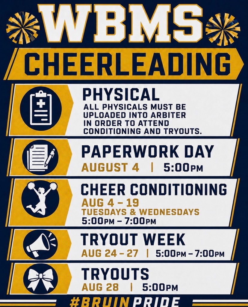 An energetic promotional graphic for Western Branch Middle School cheerleading styled in navy blue and gold with pom-pom illustrations at the top. The graphic details five step-by-step sections with clean icons: a medical clipboard noting required physicals uploaded to Arbiter, a document icon for Paperwork Day on August 4 at 5:00 PM, a jumping cheerleader icon for Cheer Conditioning from August 4 to 19 on Tuesdays and Wednesdays from 5:00 PM to 7:00 PM, a megaphone icon for Tryout Week from August 24 to 27 from 5:00 PM to 7:00 PM, and a hair bow icon for Tryouts on August 28 at 5:00 PM. The hashtag #BRUINPRIDE sits at the bottom.