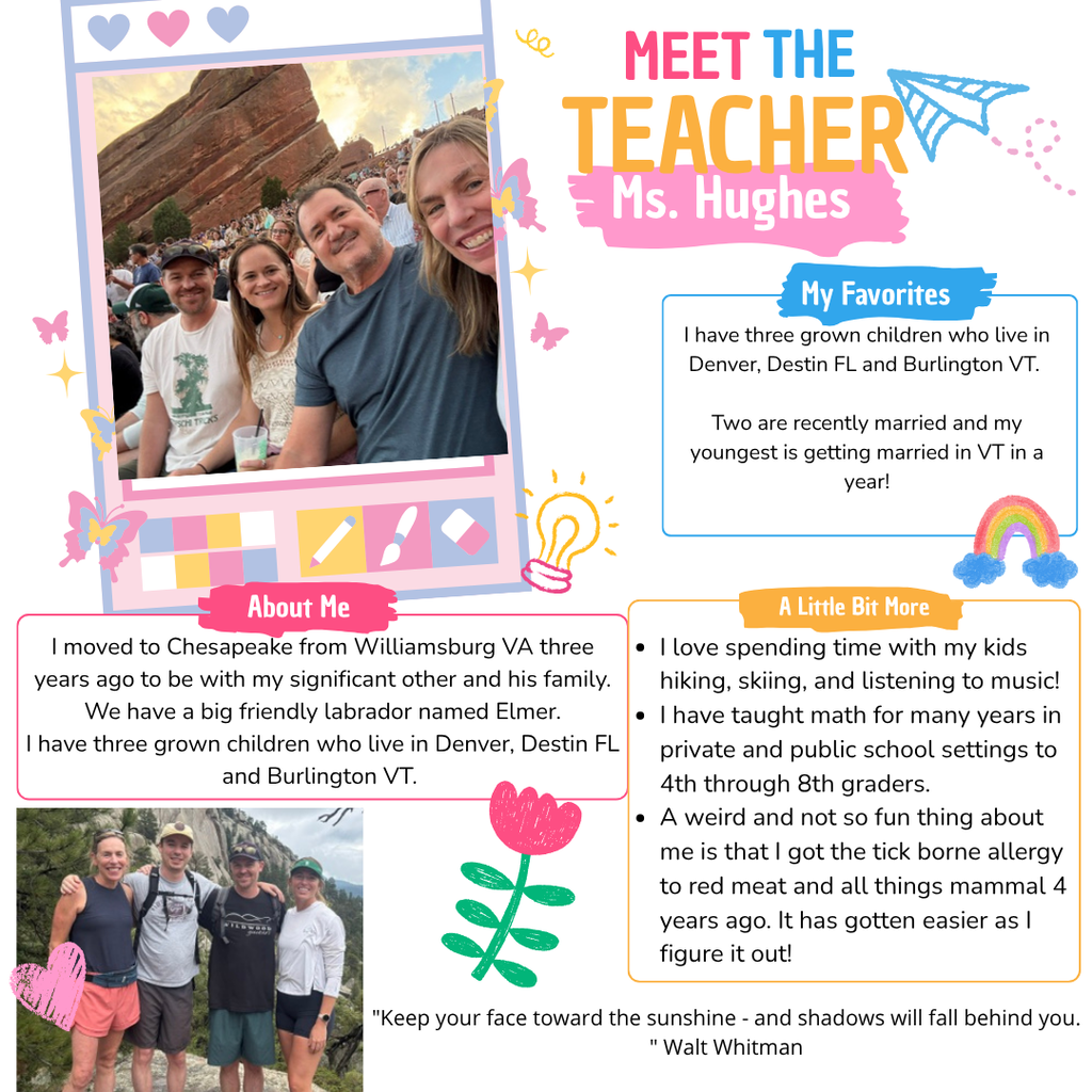 Educational graphic titled "Meet the Teacher: Ms. Hughes" featuring photos of Ms. Hughes with her family outdoors. Text details that she recently moved to Chesapeake, has three grown children in Denver, Destin, and Burlington, and has a Labrador named Elmer. She has taught math to 4th through 8th graders for many years, enjoys hiking, skiing, and music, and has a tick-borne allergy to red meat. Includes the Walt Whitman quote: "Keep your face toward the sunshine - and shadows will fall behind you."