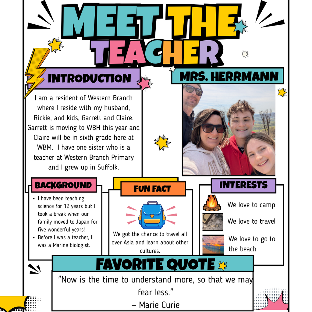 A graphic titled "Meet the Teacher: Mrs. Herrmann" with a selfie photo of Mrs. Herrmann with her husband Rickie and two children, Garrett and Claire. Text boxes share her introduction, background, fun facts, interests, and favorite quote. The text explains that she grew up in Suffolk, lives in Western Branch, has 12 years of science teaching experience, and previously worked as a Marine Biologist. It highlights that her family lived in Japan for five years, traveled across Asia, and enjoys camping, traveling, and going to the beach. The graphic ends with the Marie Curie quote: "Now is the time to understand more, so that we may fear less."