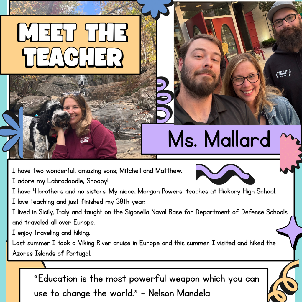 A graphic titled "Meet the Teacher: Ms. Mallard" featuring two photos: one of Ms. Mallard outdoors by a waterfall with her black and white Labradoodle, Snoopy, and another posing with two young men. The text shares that she has two sons, Mitchell and Matthew, four brothers, and a niece who teaches at Hickory High School. She recently finished her 38th year of teaching, lived in Sicily, Italy while teaching at Sigonella Naval Base, and loves traveling and hiking. Recent trips include a European Viking River cruise and hiking in Portugal's Azores Islands. Includes the Nelson Mandela quote: "Education is the most powerful weapon which you can use to change the world."