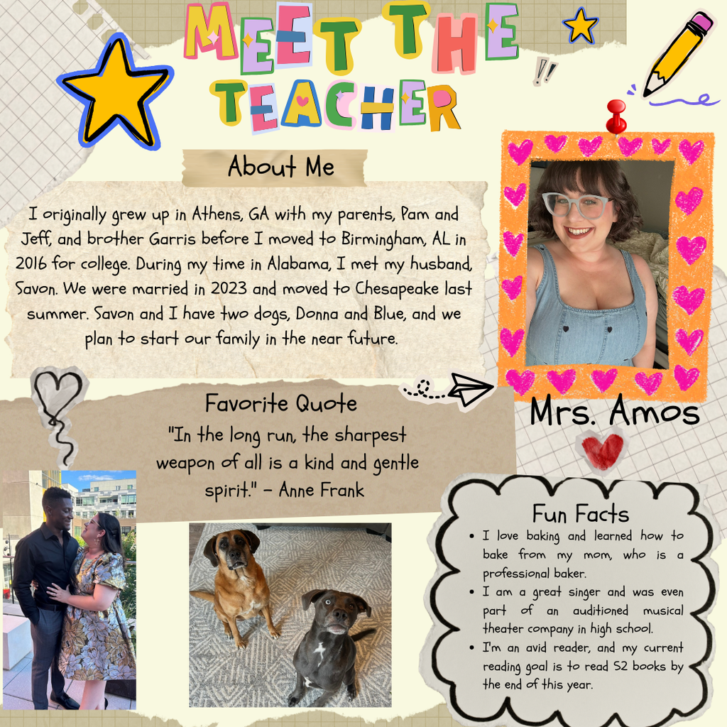 A graphic titled "Meet the Teacher: Ms. Mallard" featuring two photos: one of Ms. Mallard outdoors by a waterfall with her black and white Labradoodle, Snoopy, and another posing with two young men. The text shares that she has two sons, Mitchell and Matthew, four brothers, and a niece who teaches at Hickory High School. She recently finished her 38th year of teaching, lived in Sicily, Italy while teaching at Sigonella Naval Base, and loves traveling and hiking. Recent trips include a European Viking River cruise and hiking in Portugal's Azores Islands. Includes the Nelson Mandela quote: "Education is the most powerful weapon which you can use to change the world."