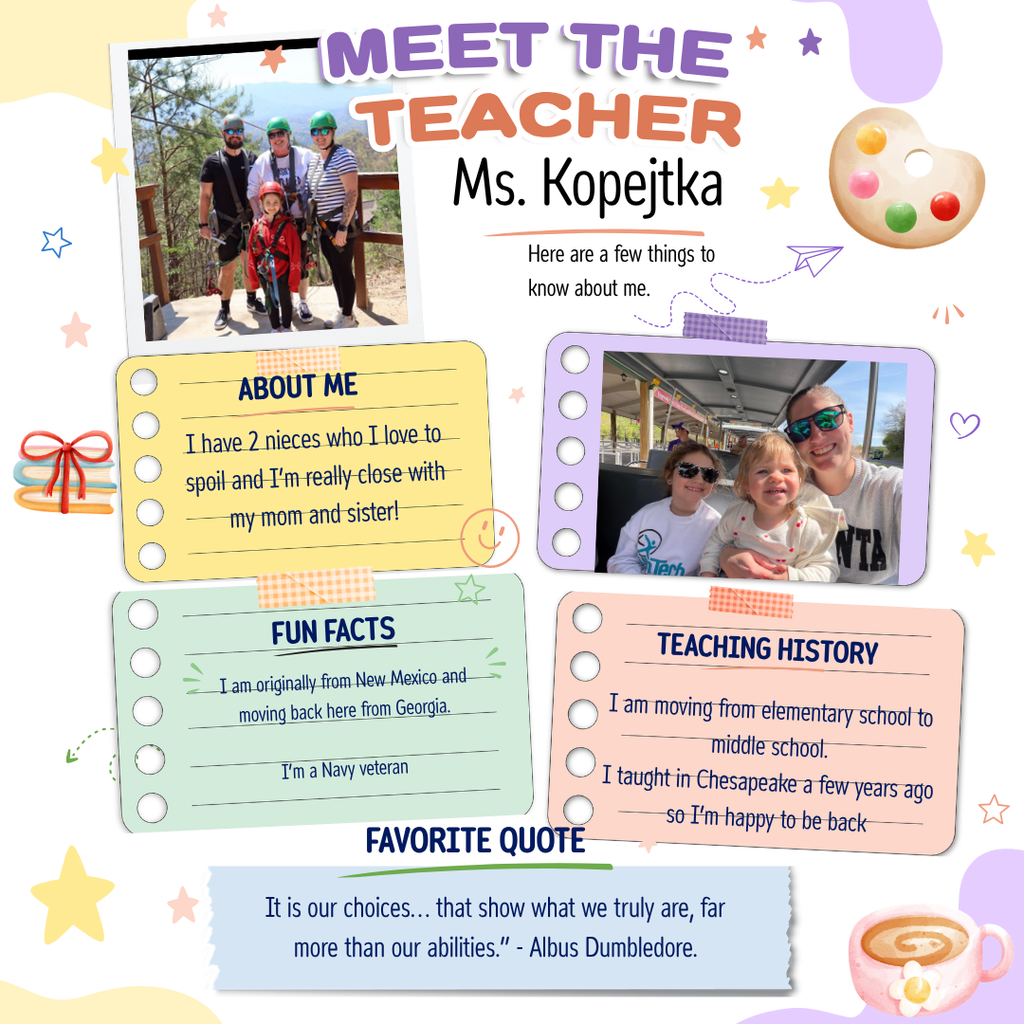 A bright graphic titled "Meet the Teacher: Mrs. Sorce" featuring a portrait photo of Mrs. Sorce smiling in a blue shirt with the word "Music" written on it. Text boxes explain that she has taught middle school orchestra in Chesapeake for 26 years and lives in Western Branch with her husband and two daughters. Fun facts note that she began playing the violin at age 4, also plays the viola, cello, bass, clarinet, and piano, and co-taught 6th grade orchestra at WBM during her first year of teaching. Includes the Hans Christian Andersen quote: "Where words fail, music speaks."