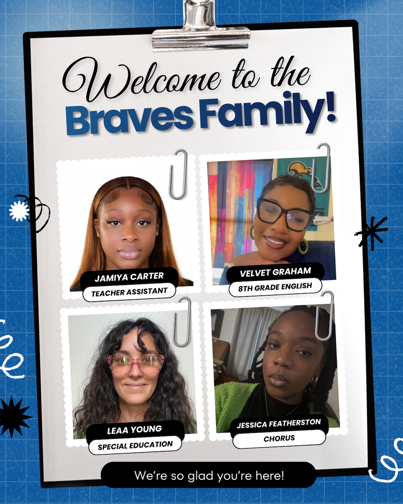 Decorative flyer with new staff member photos, names, and positions.