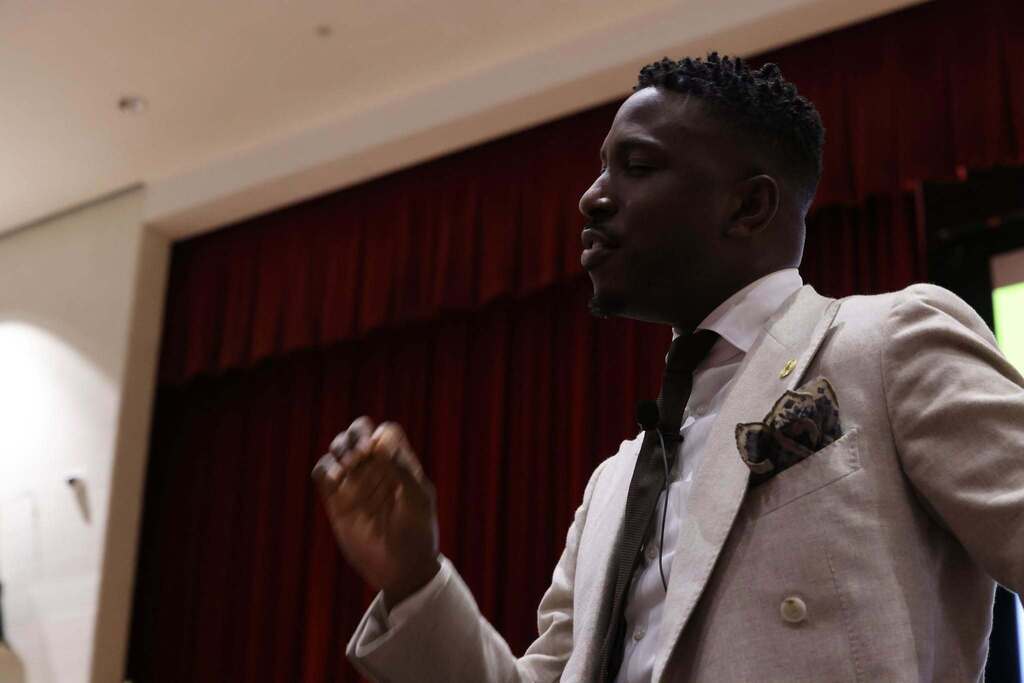 Michael Bonner gives speech with focus