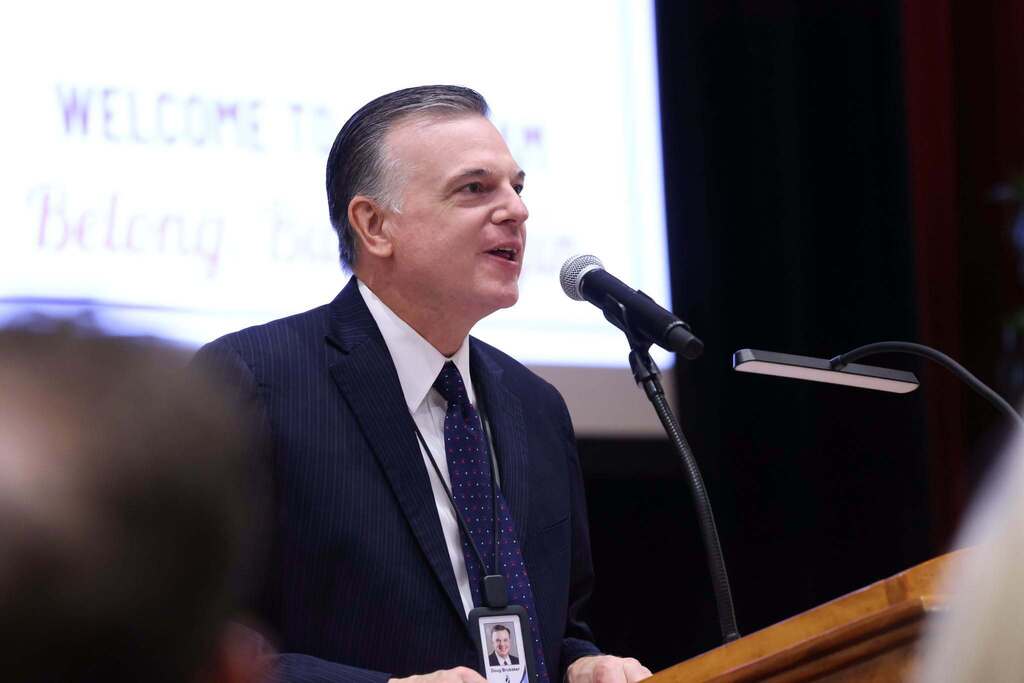 Dr. Brubaker speaks to new teachers for inspiration
