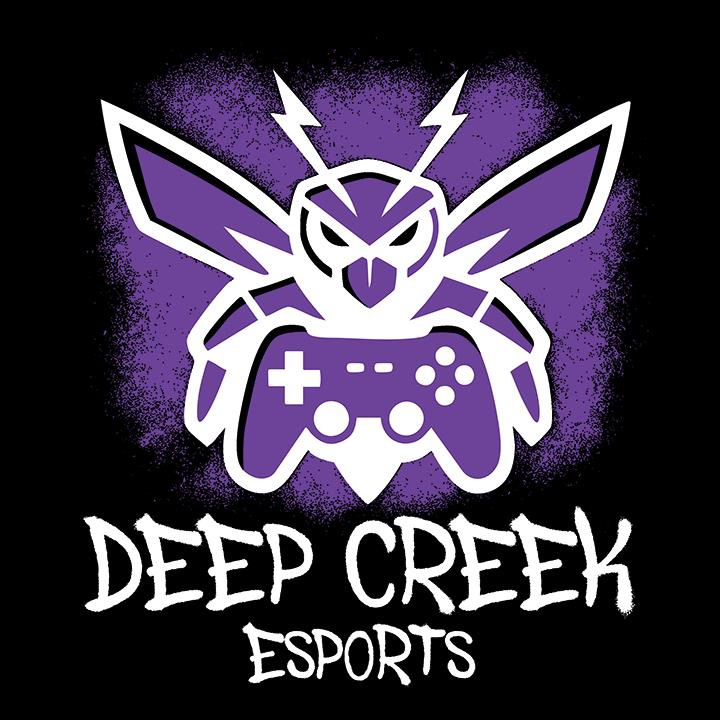Deep Creek Esports logo featuring a purple and white hornet mascot holding a video game controller, with the text "DEEP CREEK ESPORTS" written in white below on a black background.