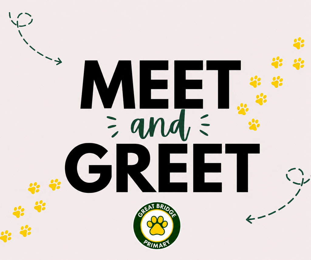 Graphic with bold black text reading “Meet and Greet,” with “and” in green script. Yellow paw prints and green dotted arrows decorate the soft off-white background, with a Great Bridge Primary paw-print logo at the bottom.