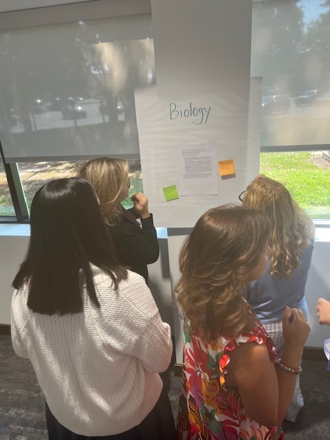 group of teachers writing on a poster board with post-its