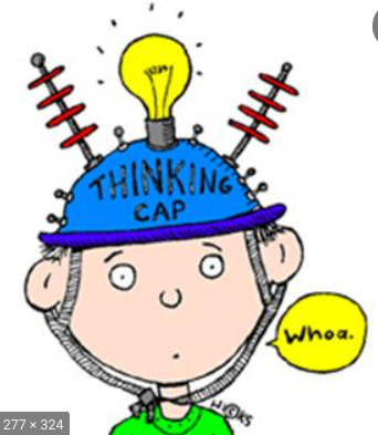 Cartoon of a wide-eyed child wearing a blue helmet labeled "THINKING CAP" with a glowing lightbulb on top and a speech bubble saying "Whoa."