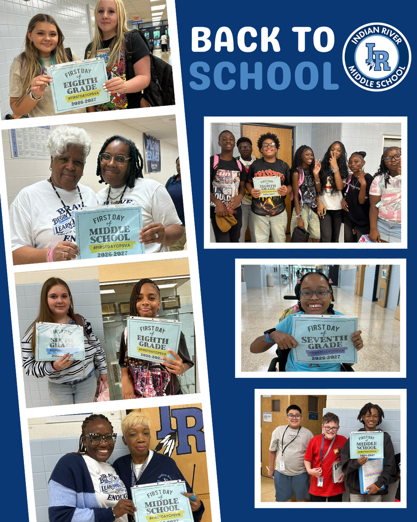 Collage featuring several photos of Indian River Middle School students and staff, individually and in small groups, smiling and holding back-to-school signs on the first day of school.