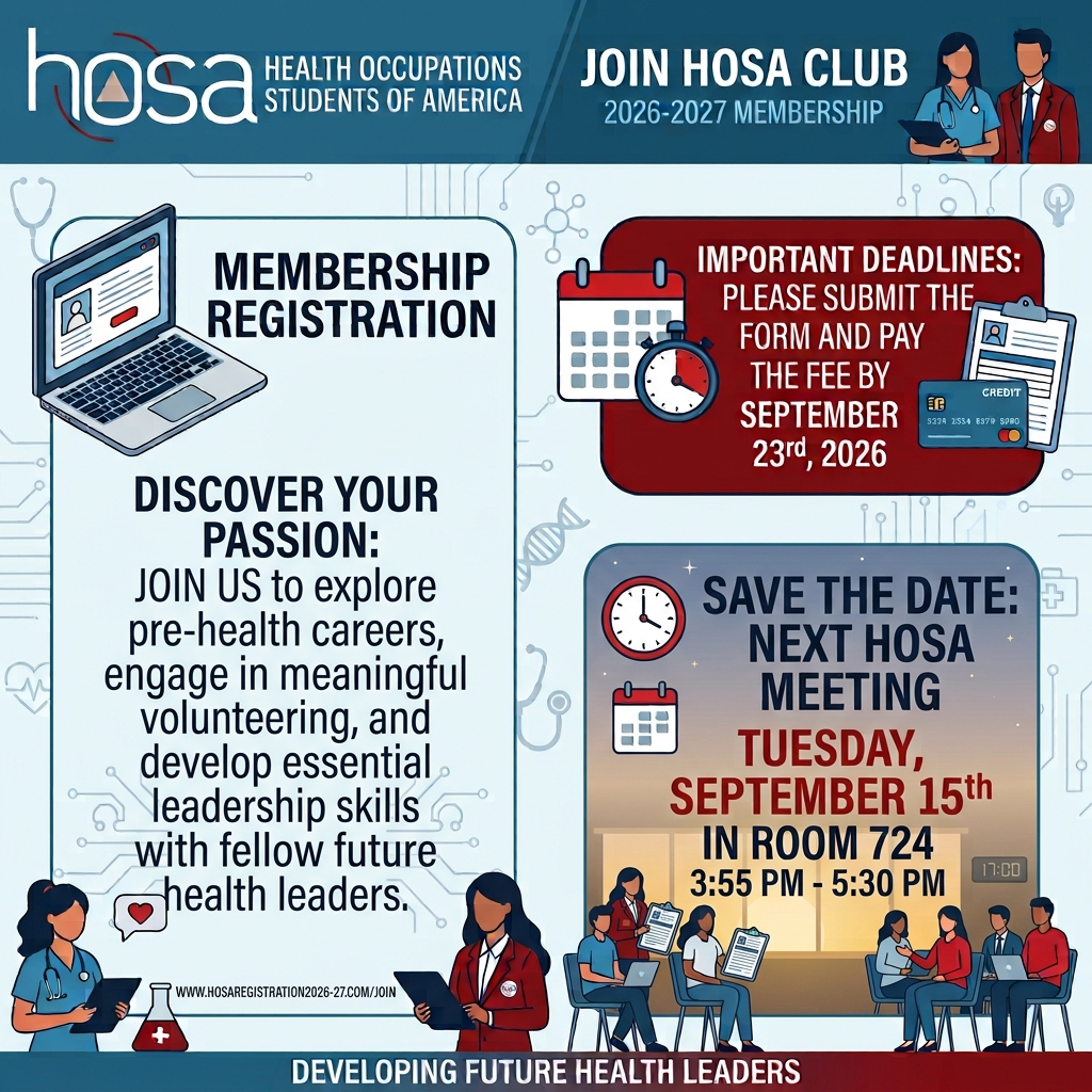 Flyer for HOSA Club 2026-2027 membership. Registration fee and form due September 23, 2026. Next meeting is Tuesday, September 15th from 3:55 PM to 5:30 PM in Room 724. Registration link: www.hosaregistration2026-27.com/join.